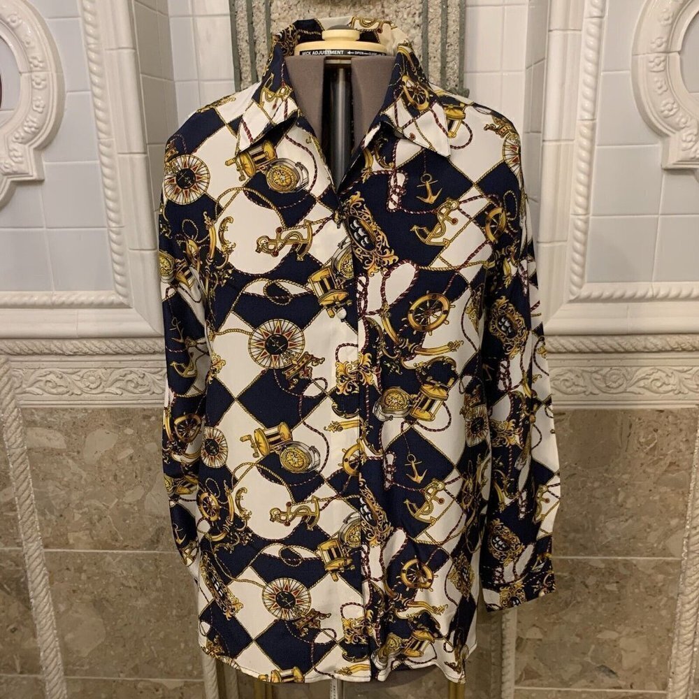 Vintage Quo Silk Nautical Shirt. Covered Buttons. Size M-XL. Dry Cleaned. WTC